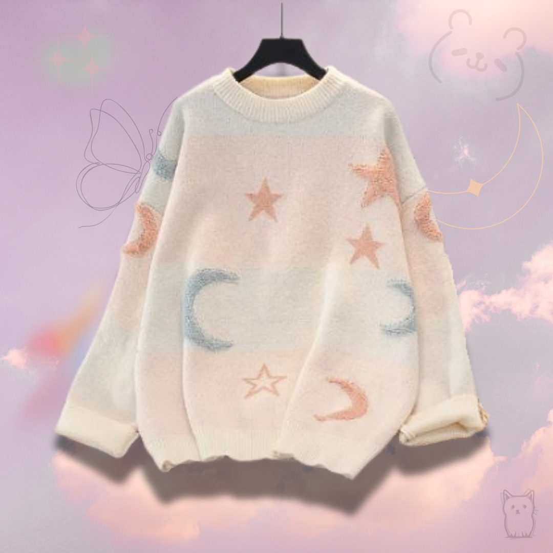 Suéter con estampado de luna y estrellas para mujer estilo kawaii