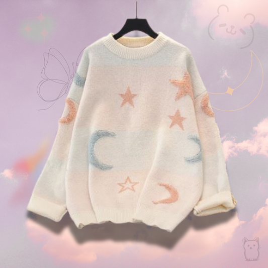 Suéter con estampado de luna y estrellas para mujer estilo kawaii