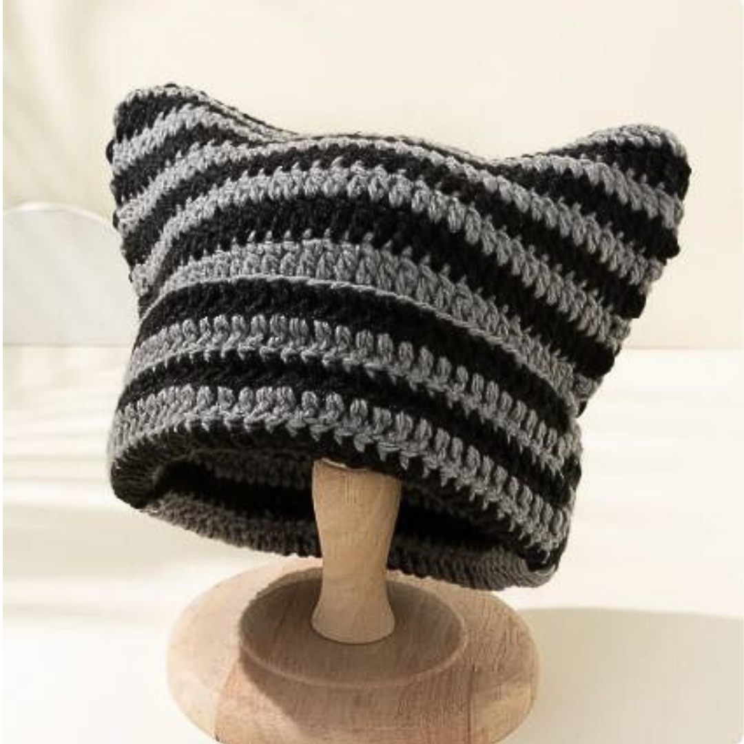 Gorro lana de punto para mujer estilo orejas de gato kawaii chic a rayas